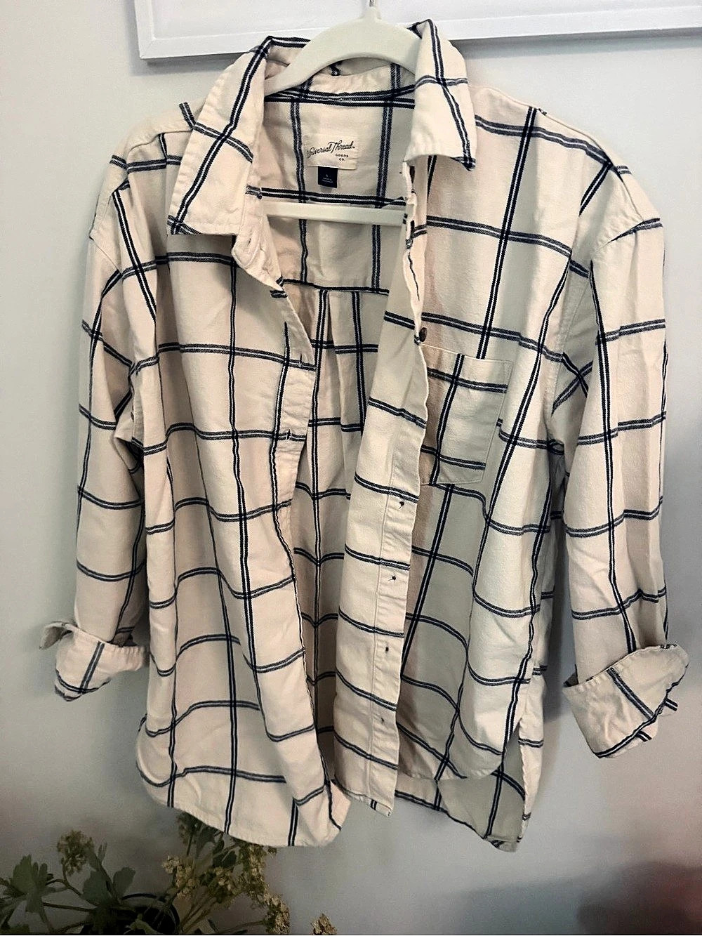 Universal Thread Plaid Cotton Shirt in Cream & Blue Size Large